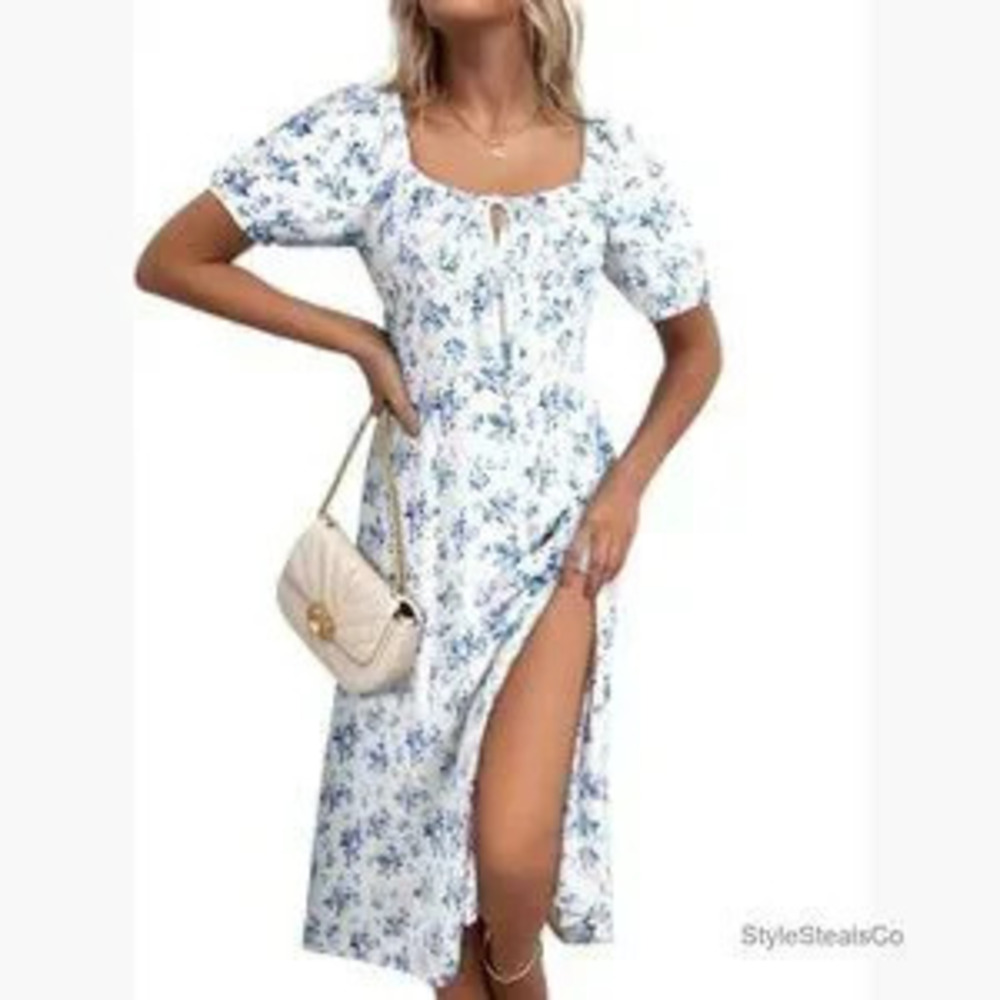 Floral Print Square Neck Midi Dress with Split Thigh and Tie Front - Picture 5 of 5